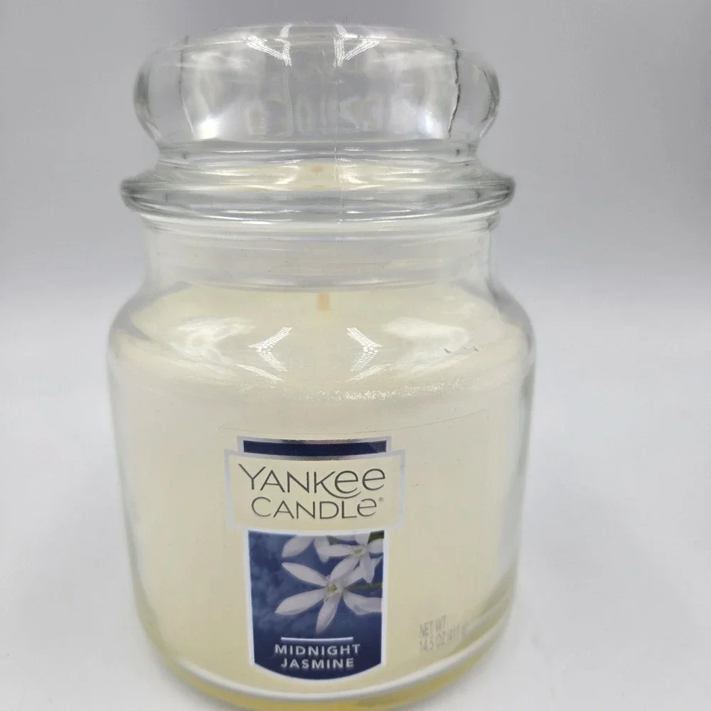 Vtg Yankee Candle Midnight Jasmine New Medium 14.5oz Retired Glass‎ Jar